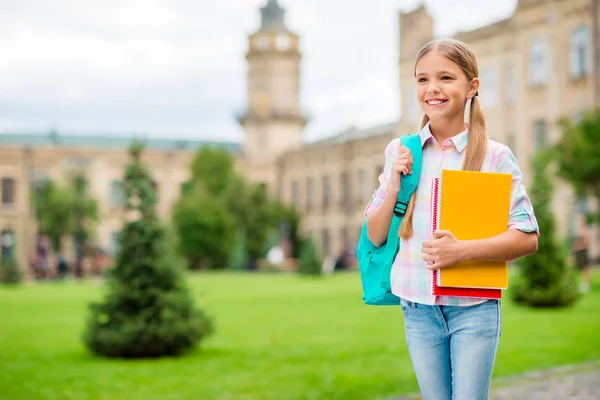 Retrato de criança encantadora segurando livros de notas mochila mochila vestindo xadrez xadrez t-shirt jeans jeans em pé ao ar livre — Fotografia de Stock