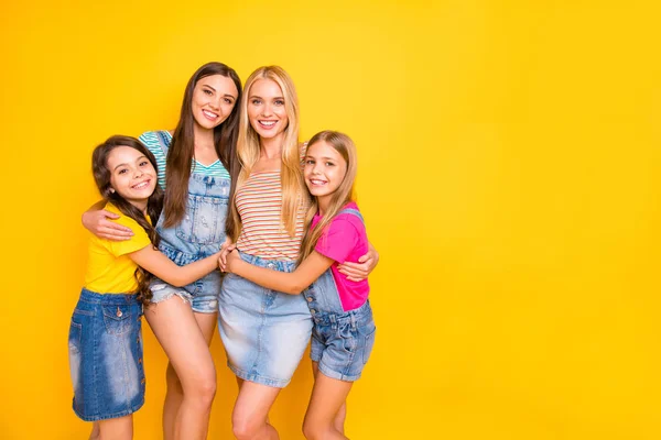 Full length size body photo of four delightful kind nice glad optimistic cheerful ladies enjoying time together isolated vibrant background with copy space — Stock Photo, Image