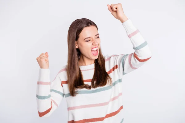 Amazing ecstatic lady raising fists wear striped pullover isolated white background — Stock Photo, Image