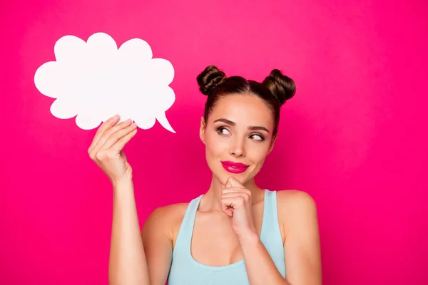 Close up photo of pretty girl holding paper card cloud touching her chin looking having thoughts isolated over fuchsia background — Stock Photo, Image