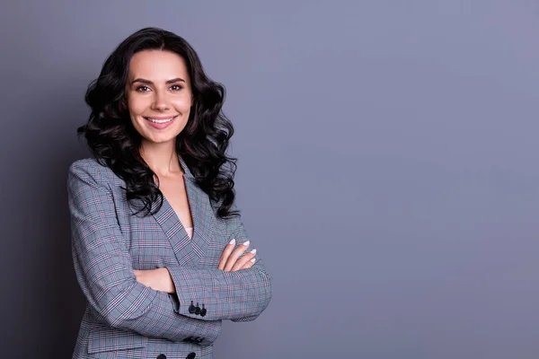 Turned photo of beautiful woman crossing her hands looking wearing suit isolated over gray background — Stock Photo, Image