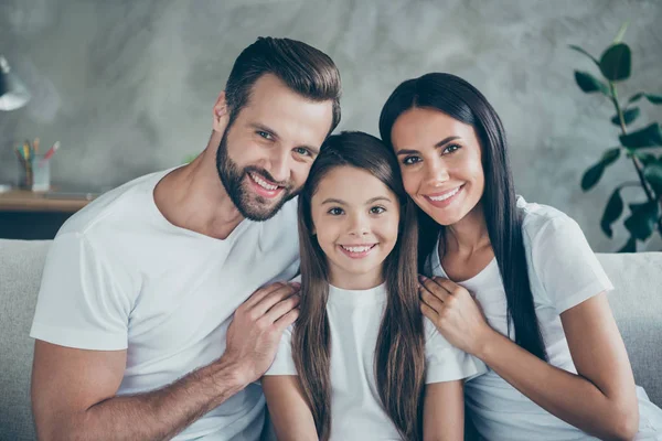 Close-up portrait of nice attractive lovely sweet gentle tender adorable winsome cute charming cheerful cheery idyllic adopted foster family mommy daddy indoors