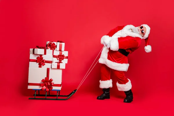 Comprimento total vista tamanho do corpo de gordura funky cansado generoso gordo gordo gordo barbudo de cabelos grisalhos homem carregando compras tradição inverno personalizado isolado sobre brilhante brilho vívido fundo vermelho — Fotografia de Stock