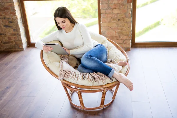 Sopra vista ad alto angolo di lei lei bella attraente focalizzata calma tranquilla donna sognante seduta su accogliente cuscino sedia utilizzando digitale e-book in stile loft industriale camera interna casa appartamento al coperto — Foto Stock