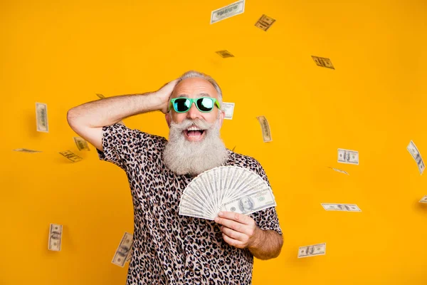 Retrato de aposentado velho engraçado barbudo homem em óculos óculos óculos grito omg olhar para cair dinheiro ganhar loteria vestindo leopardo t-shirt isolado sobre fundo amarelo — Fotografia de Stock