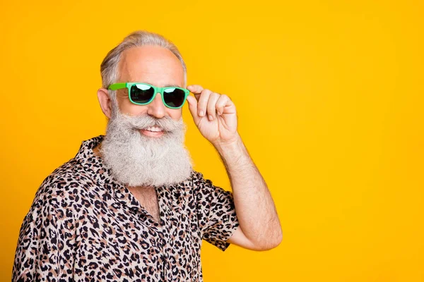 Close up photo of old man having fun funky funny rest under sun while isolated with yellow background — Stock Photo, Image