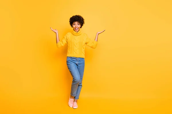 Full Length Body Size Side Profile Photo Jumping High Beautiful She Her  Lady Hands Arms Up Win Game Play Match Wearing Casual Jeans Denim White  Tshirt Clothes Isolated Yellow Bright Vivid Background