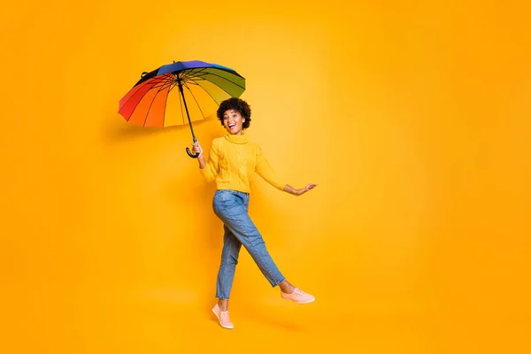 Volledige lengte lichaam grootte weergave van haar ze mooie aantrekkelijke vrolijke golvende-haired meisje vasthouden in de hand parasol met plezier wandelen uitgaven herfst geïsoleerd op heldere levendige glans levendige gele kleur achtergrond — Stockfoto