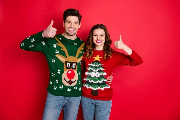 Portrait of cheerful cute two people with brunette hair embrace recommend ads show thumbs-up wear reindeer design pullover denim jeans isolated over red color background — Stock Photo, Image