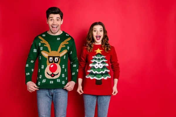 Retrato de surpreendido duas pessoas esposa com cabelo morena grito wow desfrutar de veados Natal padrão moda jumper desgaste jeans elegante pulôver da moda isolado sobre fundo de cor vermelha — Fotografia de Stock