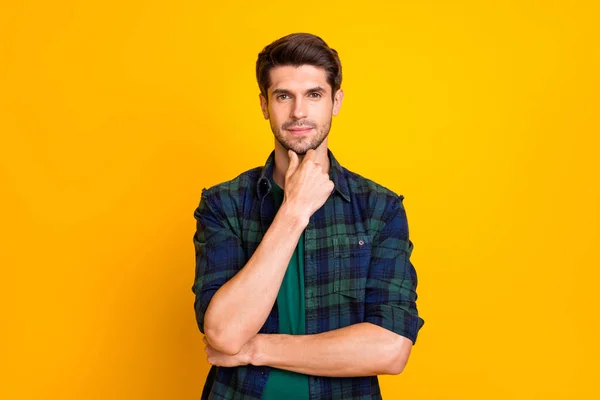 Photo of amazing macho guy thinking about important business decision wear casual plaid shirt isolated yellow color background — Zdjęcie stockowe
