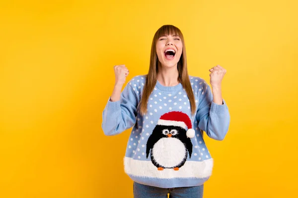 I adore love newyear concept. Photo of pretty rejoicing girl wearing oversize knitted with comic pattern picture pullover jumper having won super prize isolated bright color background — Stock Photo, Image