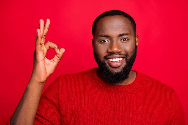 Close-up portret van zijn hij leuke aantrekkelijke vrolijke inhoud positieve bebaarde kerel toont OK-teken koele advertentieoplossing geïsoleerd over heldere levendige glans rode achtergrond — Stockfoto