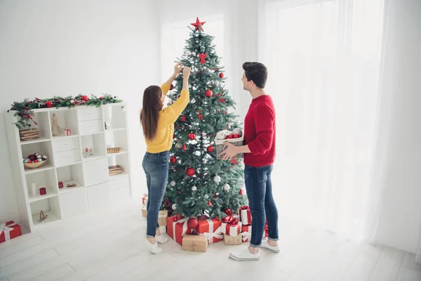 Volledige lichaam terug aan de achterzijde foto van twee romantische mensen versieren kerst Fir Tree hang speelgoed ballen genieten van voorbereiding voor x-mas viering vakantie in huis met Nieuwjaar decoratie — Stockfoto