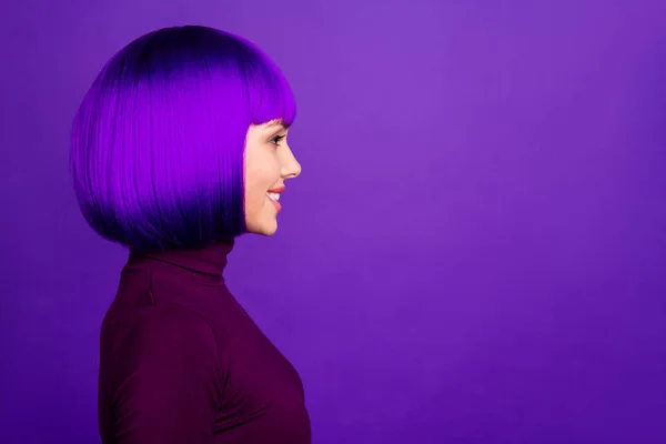 Profile photo of stylish lady looking empty space wear turtleneck isolated purple background — Stock Photo, Image
