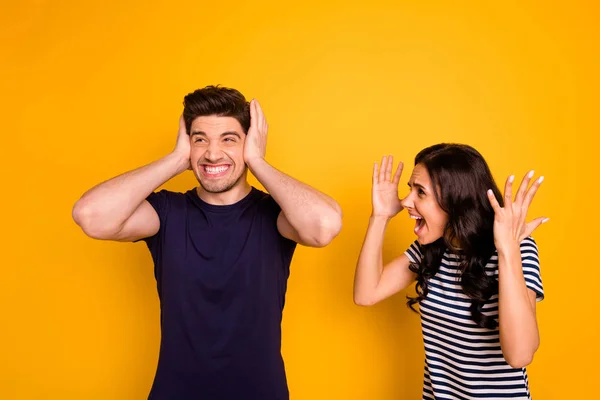 Portrait of nice attractive irritated annoyed sullen gloomy grumpy aggressive married spouses having anger pretense argument fail failure crisis isolated on bright vivid shine yellow background — Stok fotoğraf