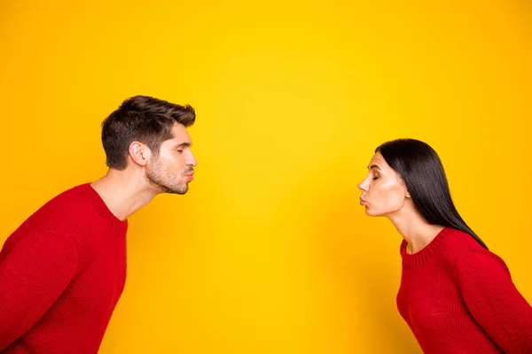 Profilseite Foto von charmanten Ehegatten senden Luftkuss tragen roten Pullover isoliert über lebendigen Farbhintergrund — Stockfoto