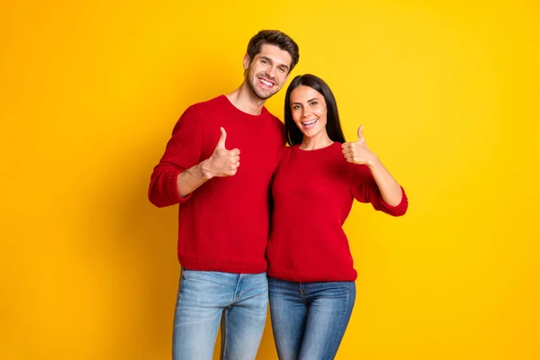 Portret van mooie echtgenoten tonen duim omhoog raden advertenties dragen rode jumper denim jeans geïsoleerd over gele achtergrond — Stockfoto