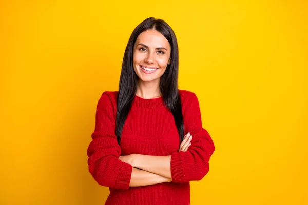 Portrait of lovely lady cross her hands wear red modern sweater isolated over yellow background — Φωτογραφία Αρχείου
