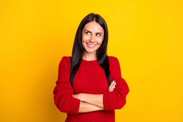 Portrait of cute lady think cross hands wear red pullover isolated over bright color background — Φωτογραφία Αρχείου