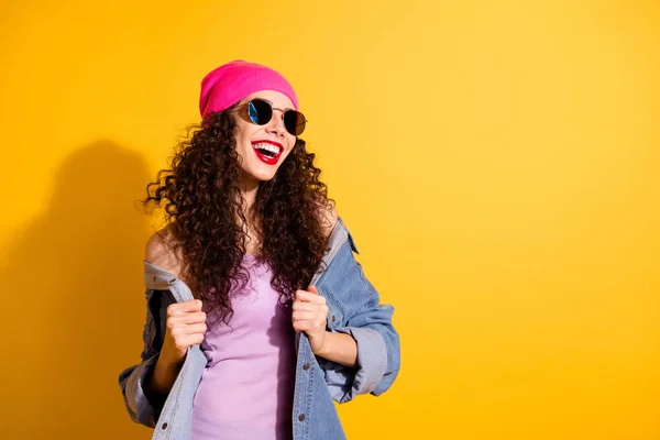 Portrait of lovely cute lady have rest relax free time fool with her friends wear modern look outift isolated over yellow color background — Stock Photo, Image