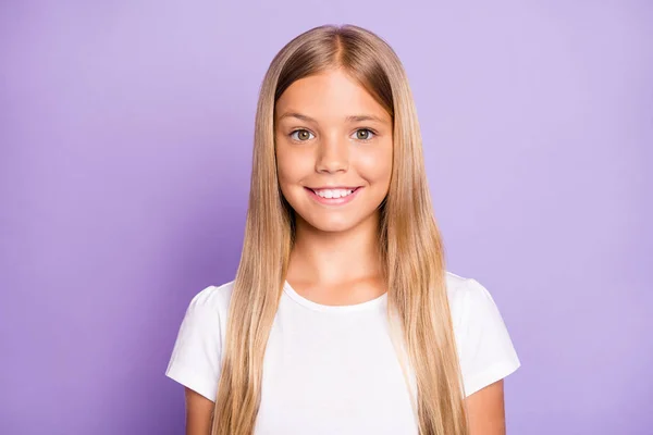 Close up photo of pretty positive cheerful child look have fun free time holidays with her family friends wear white t-shirt clothe isolated over violet color background — Stock Photo, Image