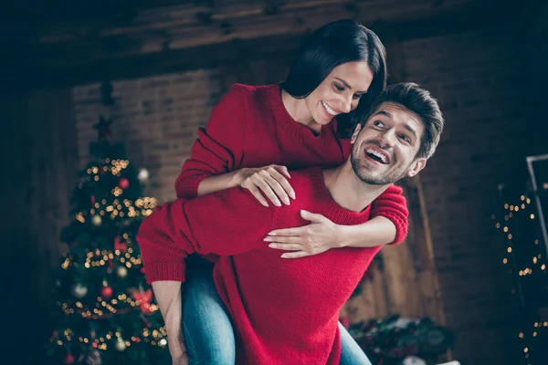 Portrait of his he her she nice attractive lovely charming cheerful cheery glad careful married spouses spending vacation having fun free time in decorated loft industrial brick style interior — Stock Photo, Image