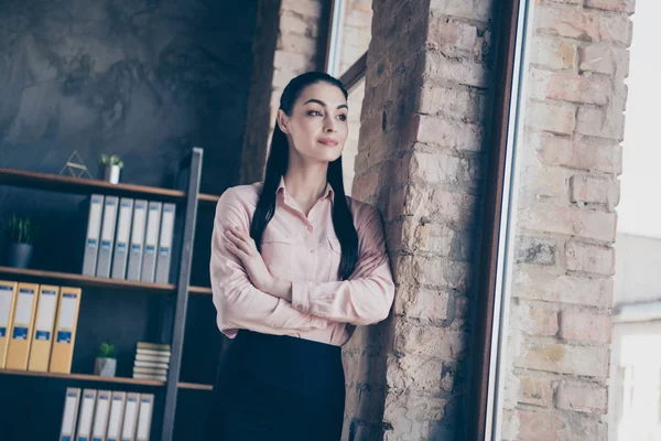 Low below angle view photo of confident beautiful worker looking out the window with her hands folded thinking about future — Stock Photo, Image