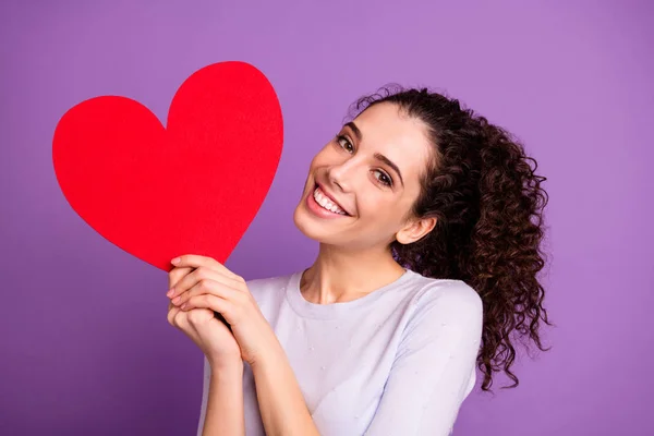 Foto de branco alegre bonito agradável linda menina feminina jovem segurando cartão postal do dia dos namorados coração vermelho grande sorrindo toothily na moda isolado sobre fundo cor pastel violeta — Fotografia de Stock