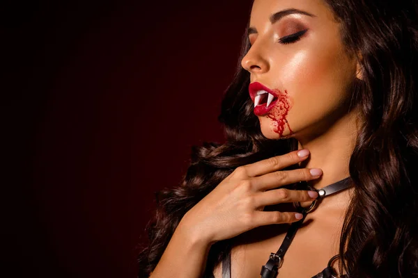 Recortado de cerca ver retrato de bonito atractivo glamoroso sangriento sensual malvado negro morena ondulado pelo chica vampiro tocando cuello aislado sobre rojo oscuro granate burdeos color marsala fondo — Foto de Stock