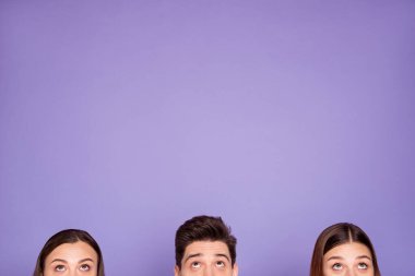 Cropped half-faced view of nice attractive lovely cute funny guys promoting good news copyspace finding solution making decision ad isolated over violet lilac background clipart