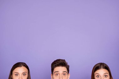 Cropped half-faced view of nice attractive lovely amazed funny guys staring eyes promoting good news copyspace solution decision isolated over violet lilac background clipart