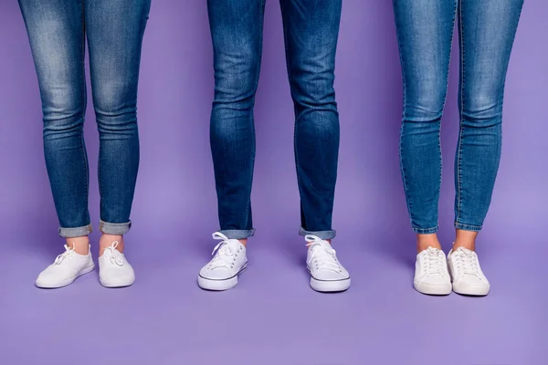 Cropped close up photo of one guy and two women standing straight isolated violet background — Stock Photo, Image