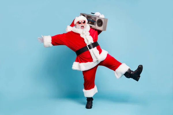 Full length body size view of his he nice cool fat cheerful cheery glad excited overjoyed bearded Santa dancing having fun isolated over blue turquoise pastel color background — Stock Photo, Image