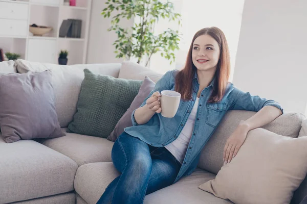 Foto van mooie dame met warme drank in de hand dromerig herinneren romance date zitten comfortabel op de bank dragen jeans kleding huiselijk in appartement — Stockfoto