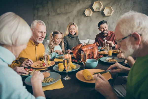 Portrait of nice affectionate cheerful big full family couples enjoying domestic homemade tasty yummy meal dishes feast gratefulness gathering tradition modern loft industrial style interior house — Stock Photo, Image