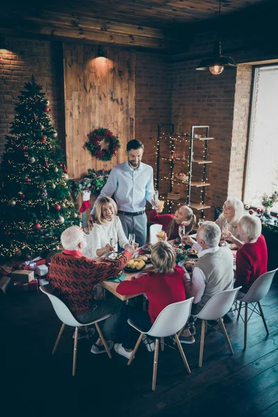 大きな8人の家族の垂直写真は、屋内の新年の雰囲気の装飾リビングルームでx-masトースト多世代の再会を伝える夕食テーブル父親の男に座る — ストック写真