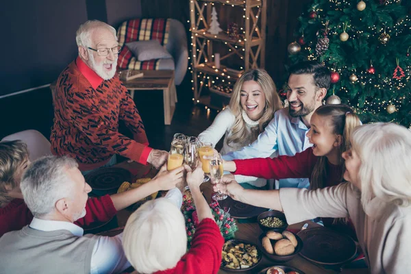 Foto von Menschen zusammen Frau Mann feiert Neujahr Essen mit Großvater sagen Toast und Frau Mann andere Familienmitglieder klirren mit ihren Gläsern neben Weihnachtsbaum — Stockfoto