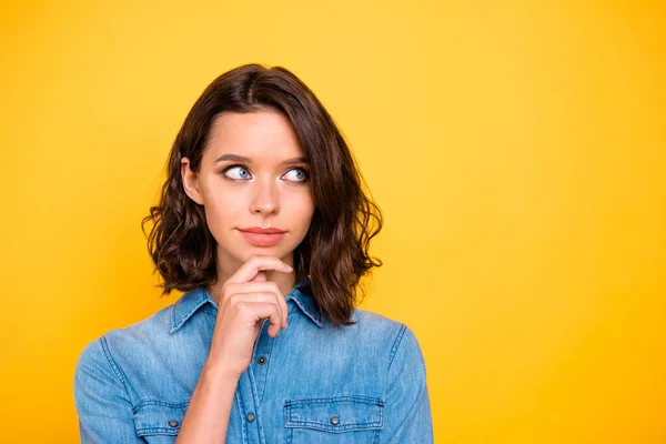 Close up photo of serious focused freelancer youth businresswoman think about project have dilemma try solve job question wear trendy clothes isolated over yellow color background — Stock fotografie