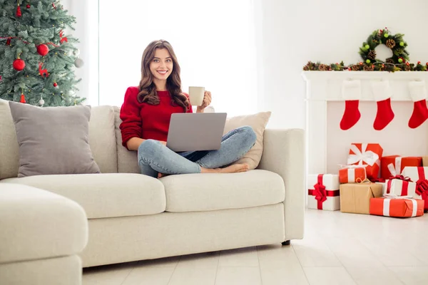 Foto von fröhlich niedlich schöne Weihnachtszeit Freundin mit Ruhe entspannen mit einer Tasse Eierlikör sitzen auf dem Sofa mit Laptop — Stockfoto
