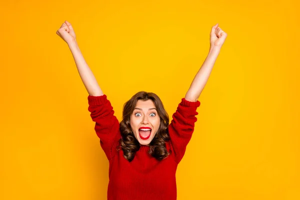 Photo of curly wavy trendy overjoyed excited rejoicing girlfriend with her hands up screaming with cheerful face epxression isolated bright color background — Stock Photo, Image