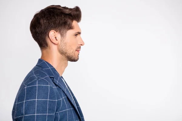 Close-up profile side view portrait of his he nice attractive content skilled businessman shark sales manager wearing checked blazer copy blank space isolated over light white pastel background — ストック写真