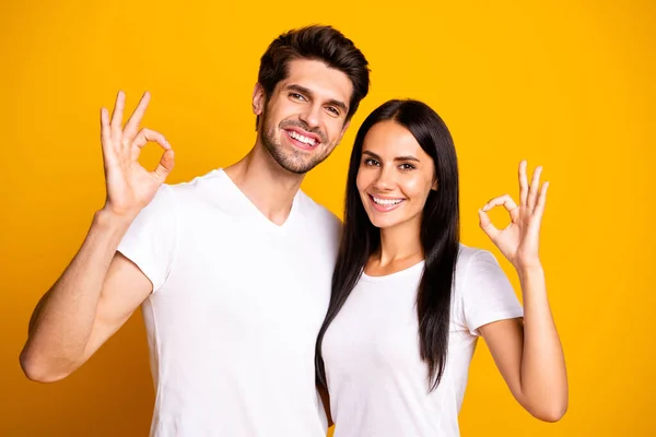 Foto de increíble pareja de matrimonio que muestra símbolos okey de acuerdo con la buena calidad del producto desgaste traje casual aislado de color amarillo de fondo — Foto de Stock