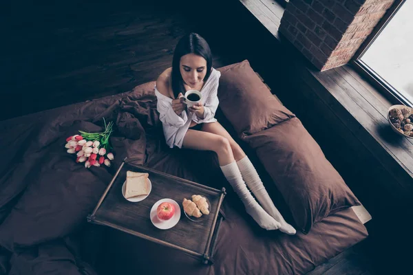 ベッドの上に座っている素敵な魅力的な美しい平和的な夢の少女の高い角度ビューの上8 3月驚き牧歌的な飲料コーヒー産業レンガ造りの木製ロフト現代的なインテリアスタイルの家屋内 — ストック写真