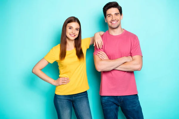 Portrait of his he her she nice attractive lovely charming content cheerful cheery couple new office team coworkers isolated over bright vivid shine vibrant green turquoise background — Stock Photo, Image
