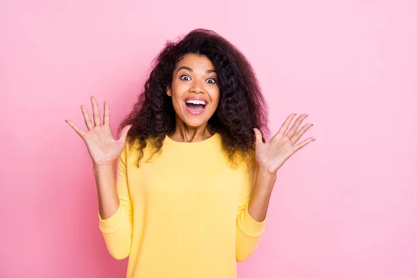 Close-up portrait of her she nice-looking trendy attractive winsome charming lovely cheerful cheery glad wavy-haired girl expressing delight isolated over pink pastel color background — ストック写真