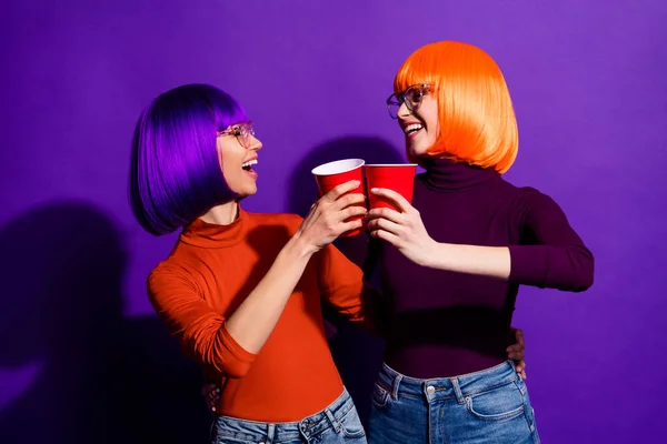 Portret van twee mooi uitziende aantrekkelijke glamoureuze vrolijk blij meisjes dragen pruiken klinkende bier hebben plezier felicitaties geïsoleerd op heldere levendige glans levendige paarse lila kleur achtergrond — Stockfoto