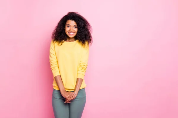 Portrait of sweet mulatto youth positive girl enjoy weekends have fun with her new friends wear good look sweater pants isolated over pastel color background — Stock Photo, Image