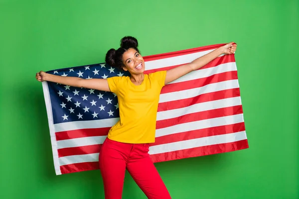 Foto av fantastiska mörk hud dam firar självständighet usa dag håller stora nationella flaggan bära casual gul t-shirt röda byxor isolerad grön bakgrund — Stockfoto