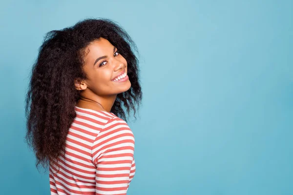 Close up profile photo of amazing pretty dark skin lady with adorable smile in good mood wear casual white red striped sweater isolated pastel blue color background — Stock Photo, Image